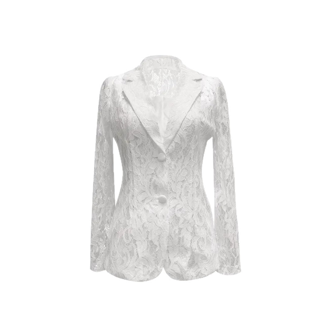 Sheer Floral Lace Blazer | Deep V Notched Lapel Single Button