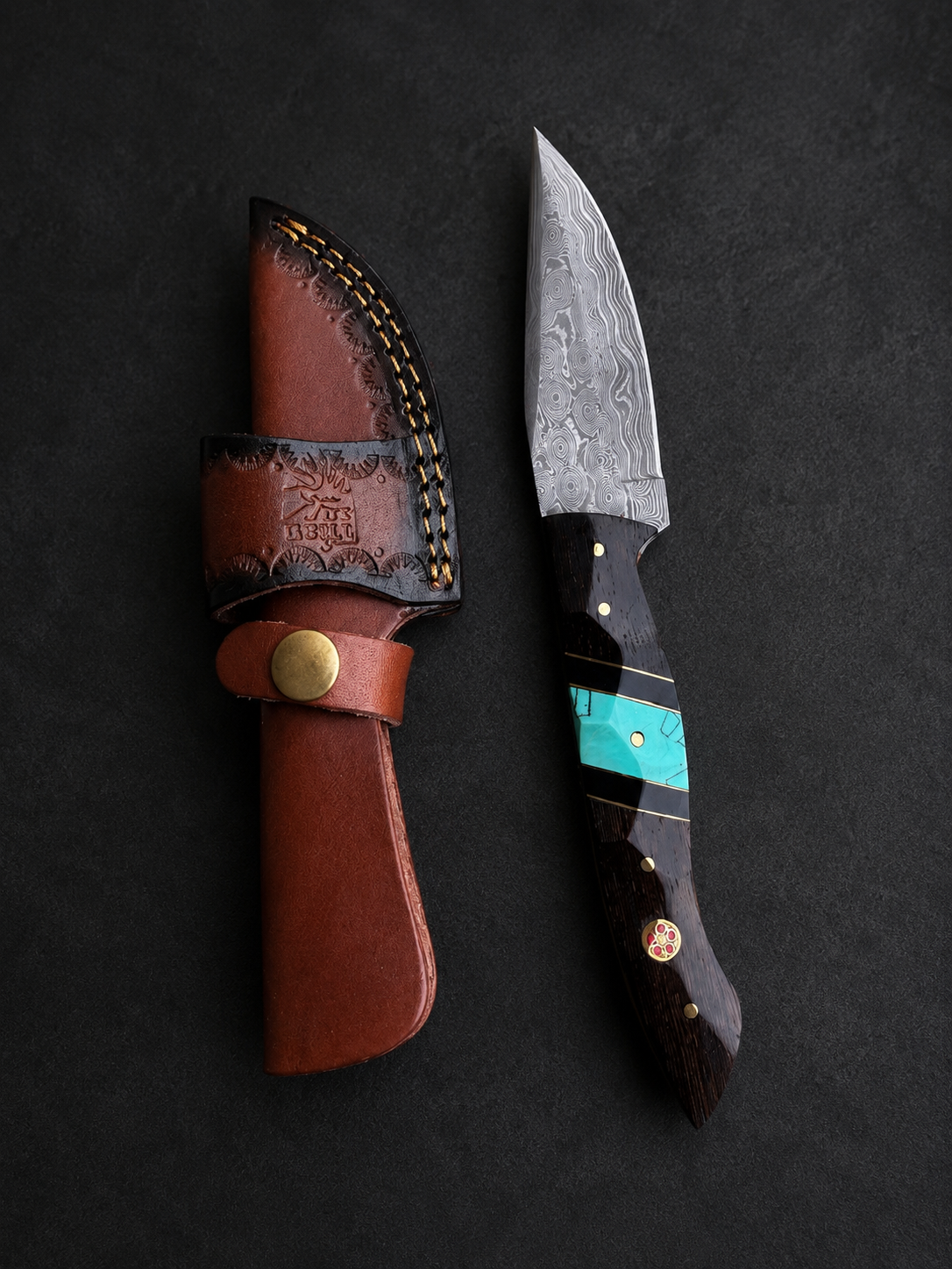 Titan Shadowstone Damascus hunter knife with a brown leather handle and silver Damascus blade.