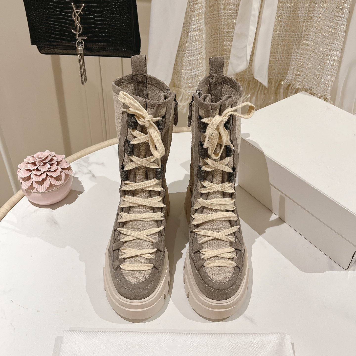 Women's Mid-Calf Lace-Up Suede Combat Boots Anti-Slip Sole - Image 2