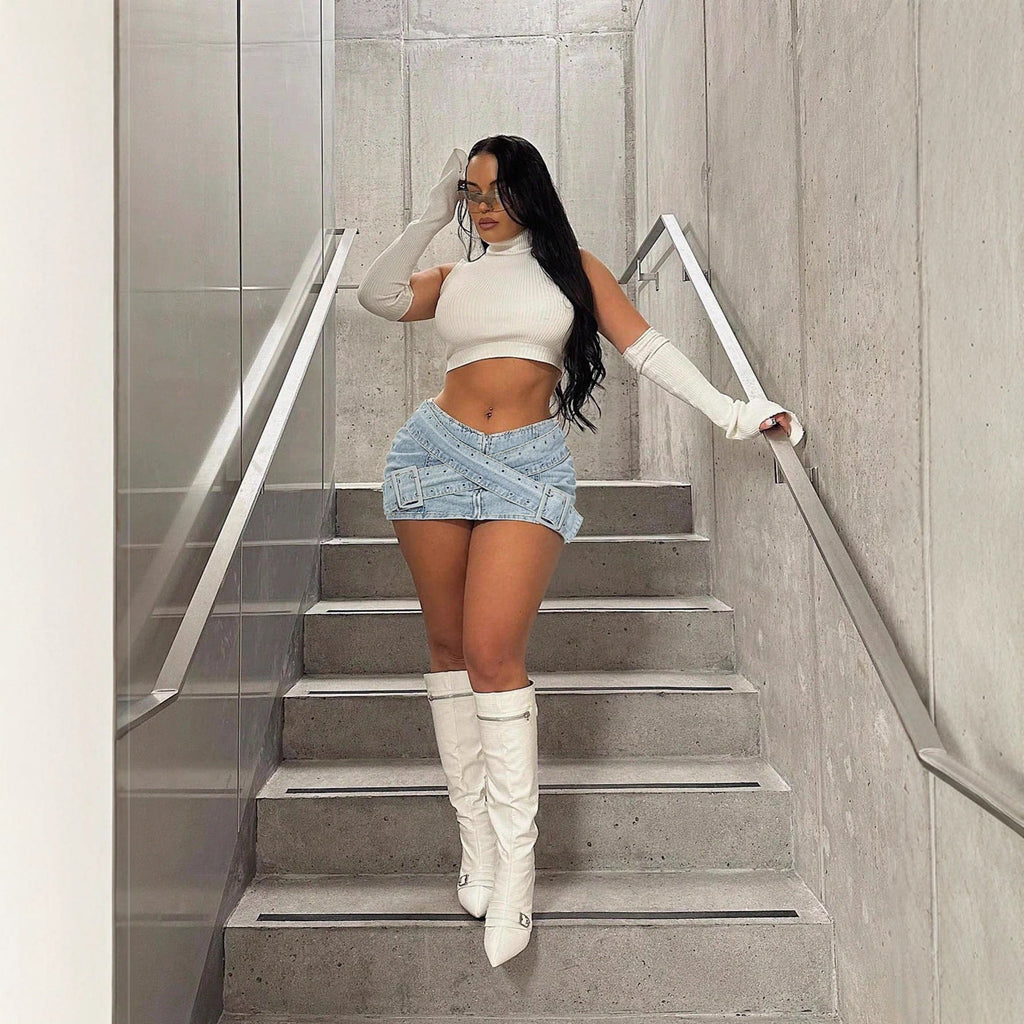 Light Blue Denim Mini Skirt Bodycon Cross-Over Buckle Detail