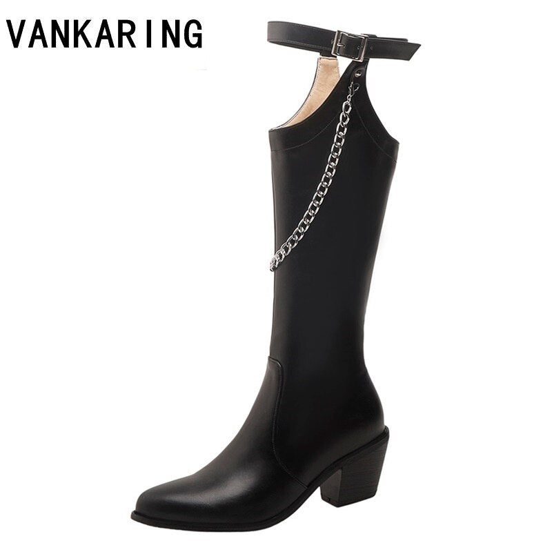 Women's Chic Pointed Toe High Heel Boots with Chain & Buckle - Image 23