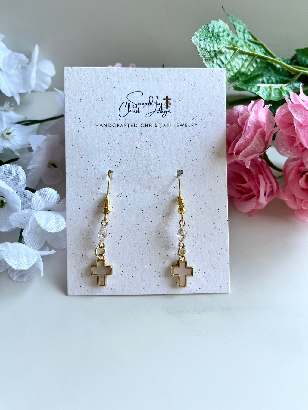 Mother of Pearl Gold Cross Earrings – Christian Faith Jewelry for Women