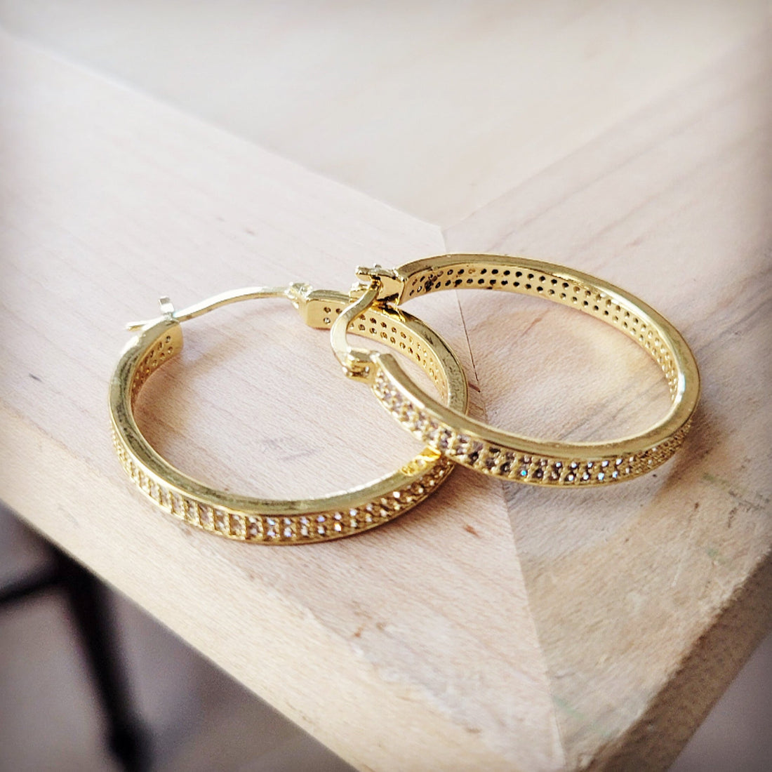 Gold-Tone Pave Hoop Earrings with Sparkling Stone Accents