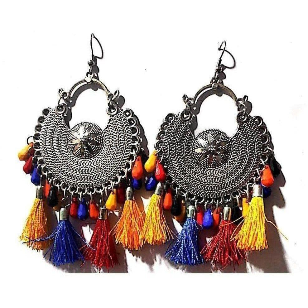 Oxidized German Silver Chandbali earrings with multi-color beads and silk threads