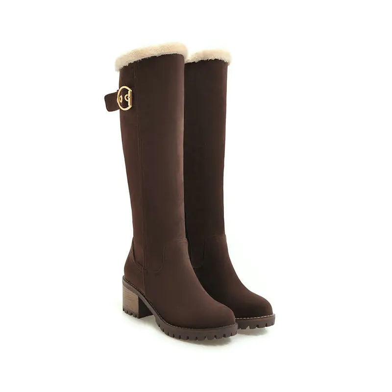 Buckle Embellished Mid-Heel Winter Long Boots