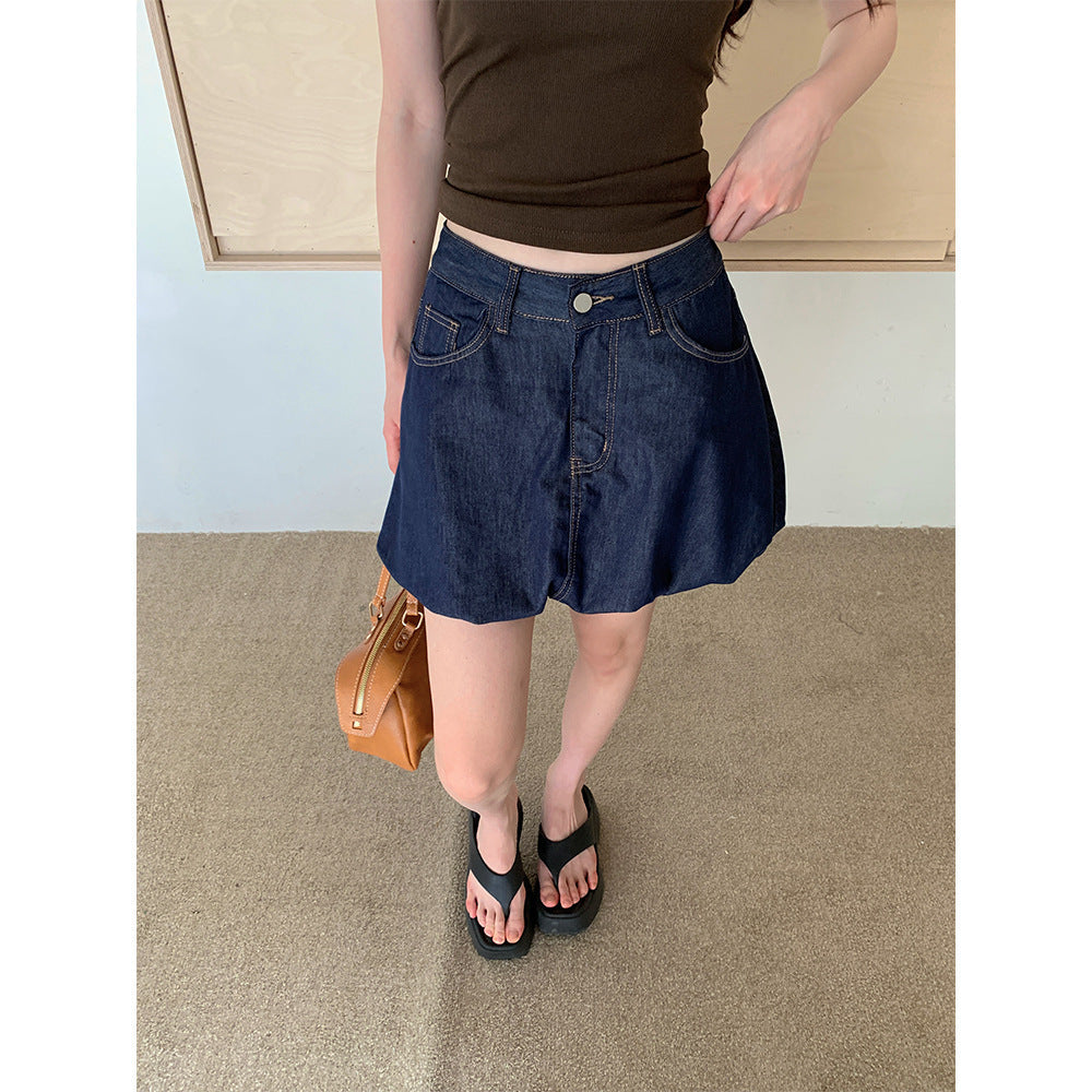 Women's Retro Dark Wash Denim Bubble Skirt - Casual & Versatile - Image 3