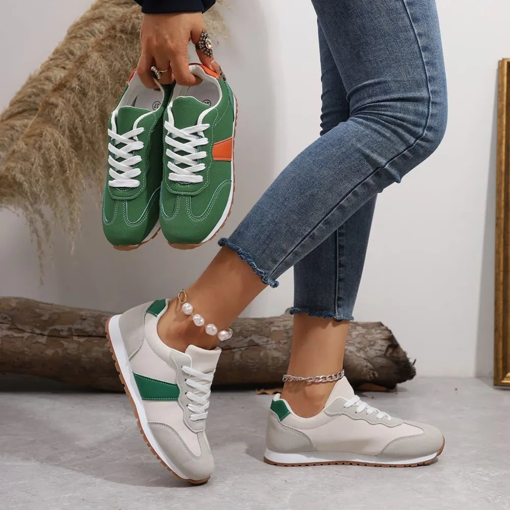 PU Leather Contrast Round Toe Flat Sneakers - Lace-Up Casual