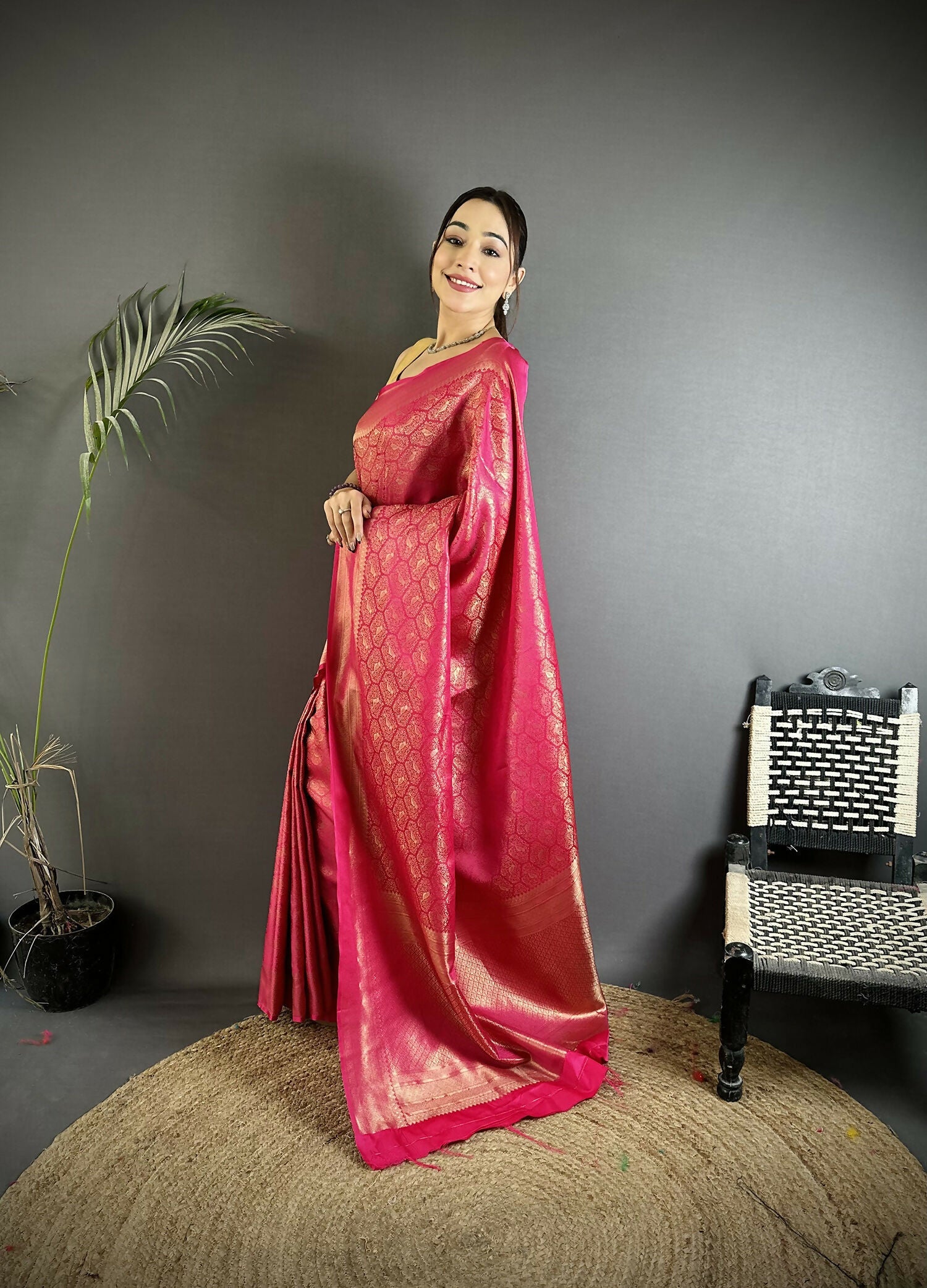Rani Pink Banarasi Silk Saree with Paisley and Floral Motifs