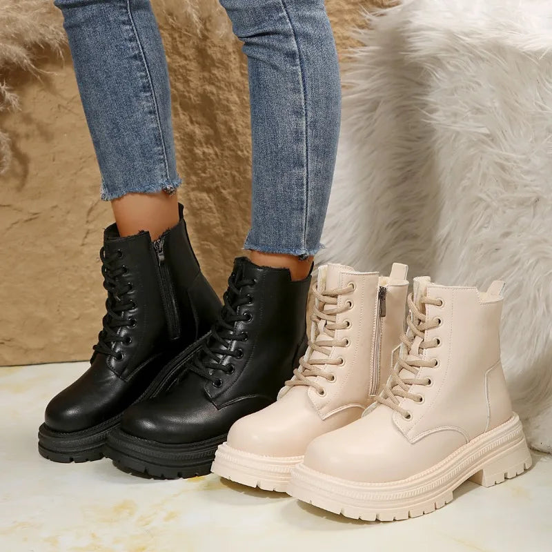 Women's Cream Thick-Soled Combat Ankle Boots - Lace-Up - Image 6