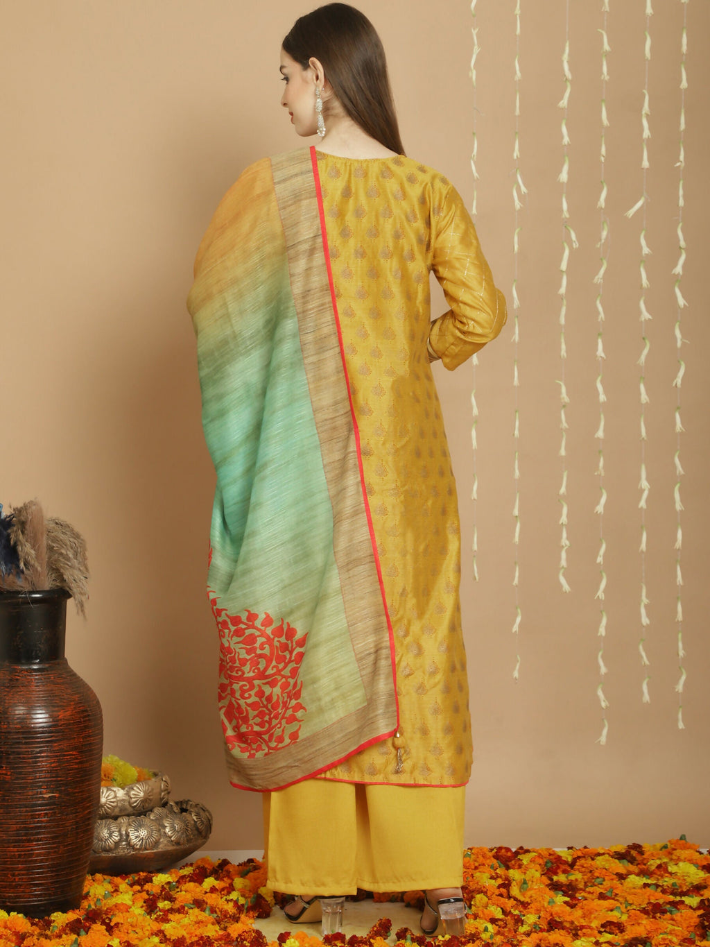 Yellow Chanderi Silk A-Line Kurta Set with Palazzo Pants