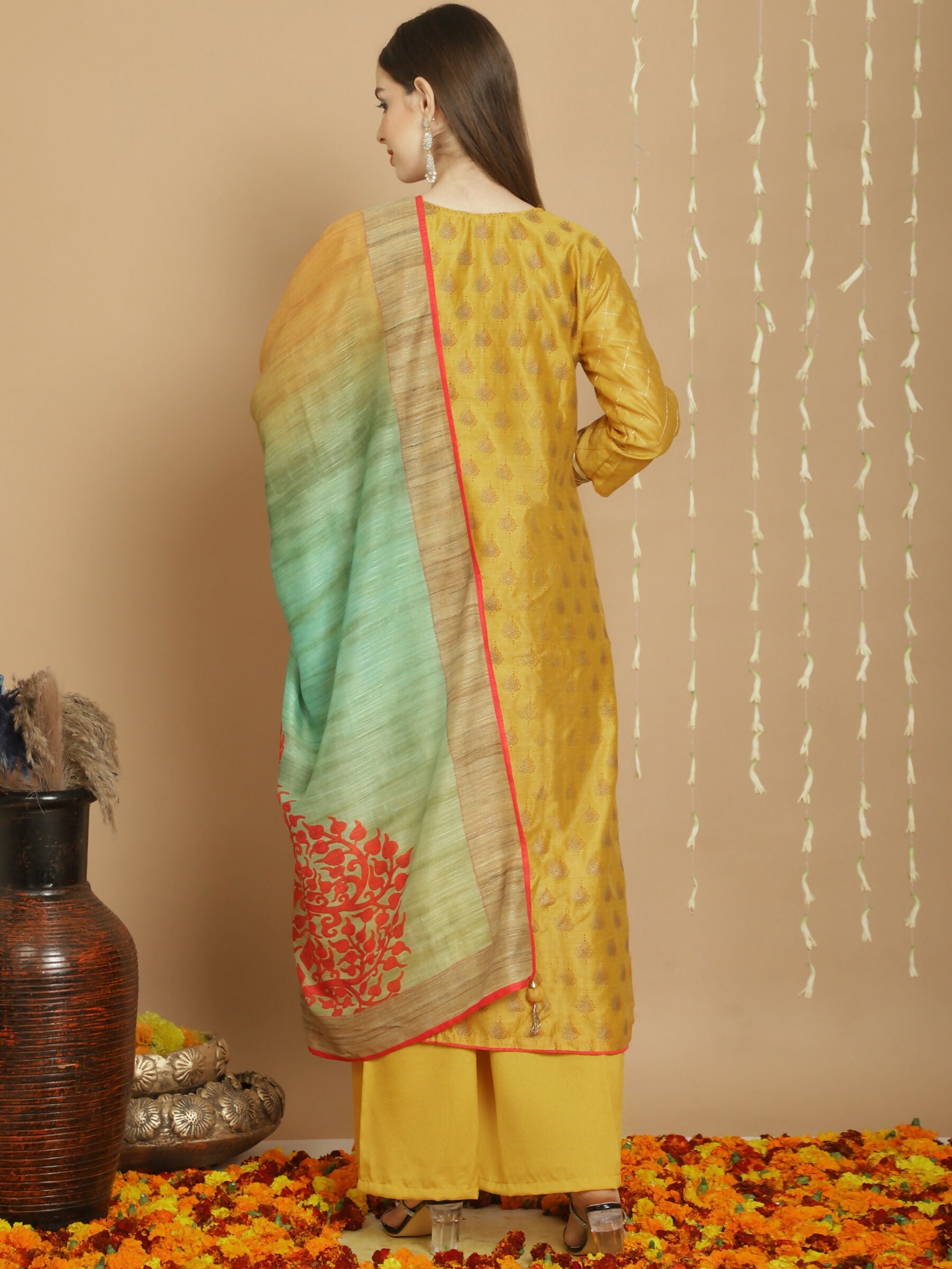 Yellow Chanderi Silk A-Line Kurta Set with Palazzo Pants