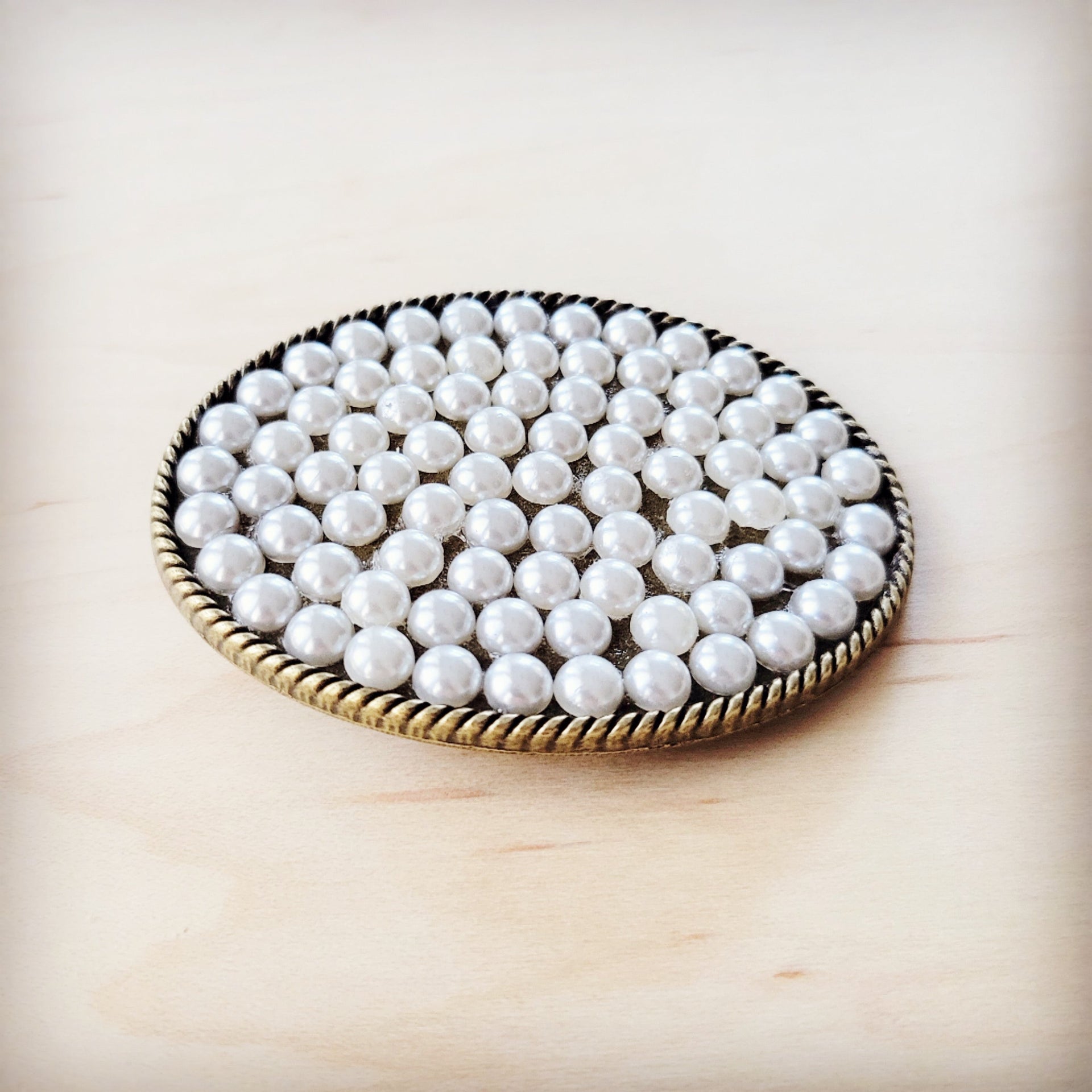 Antique Gold Tone Pearl Rope Edge Oval Belt Buckle - Image 2