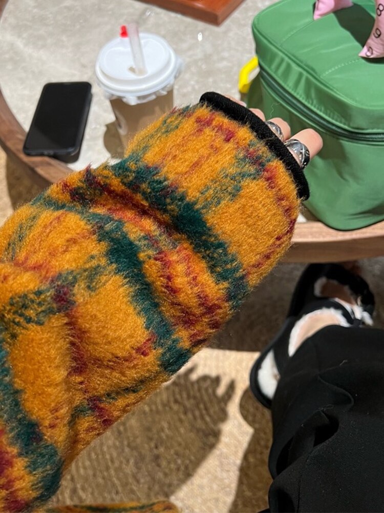 Women Retro Colorful Plaid Woolen Trench Coat Harajuku Style - Image 6