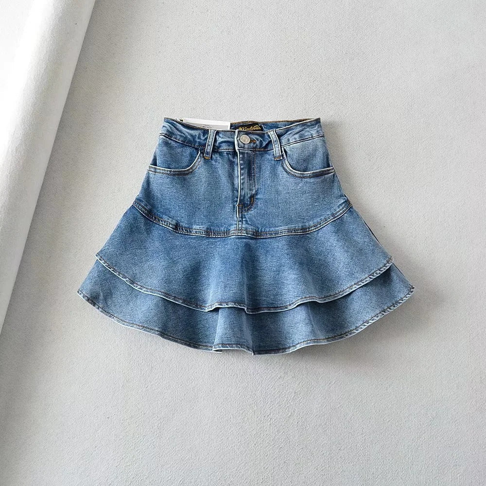 High Waisted Tiered Denim Mini Skirt with Ruffle Hem - Image 5