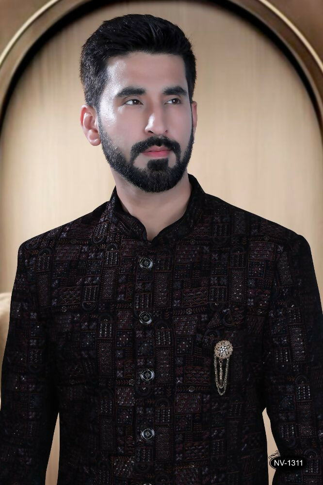 Boys Blue Velvet Kurta Set with Intricate Sequence Embroidery