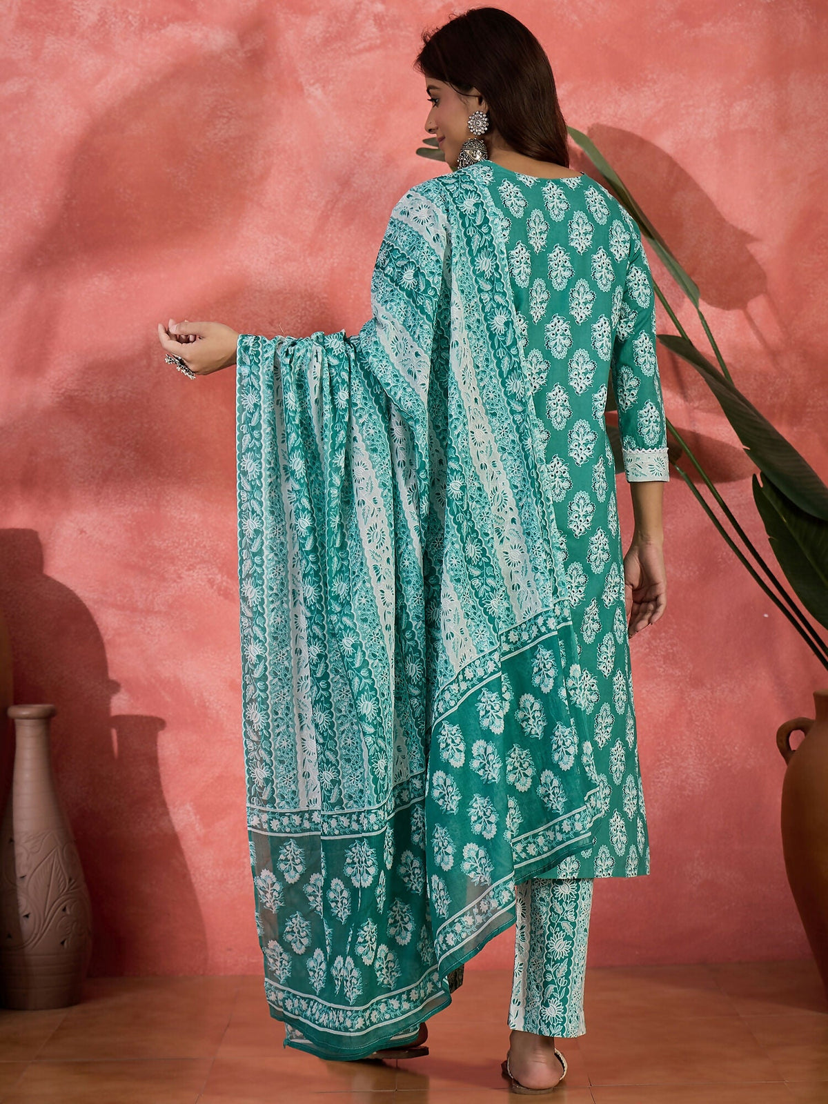 Teal Printed Pure Cotton Kurta Set for Women