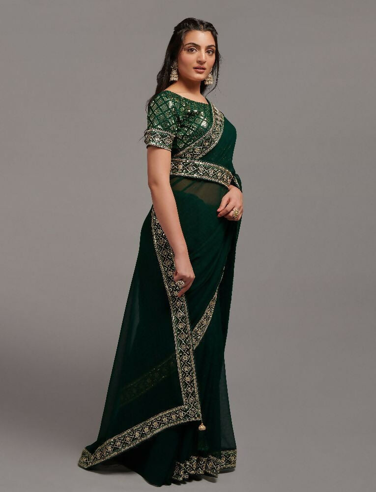 Green Zometo Embroidery Lace Saree for Special Occasions