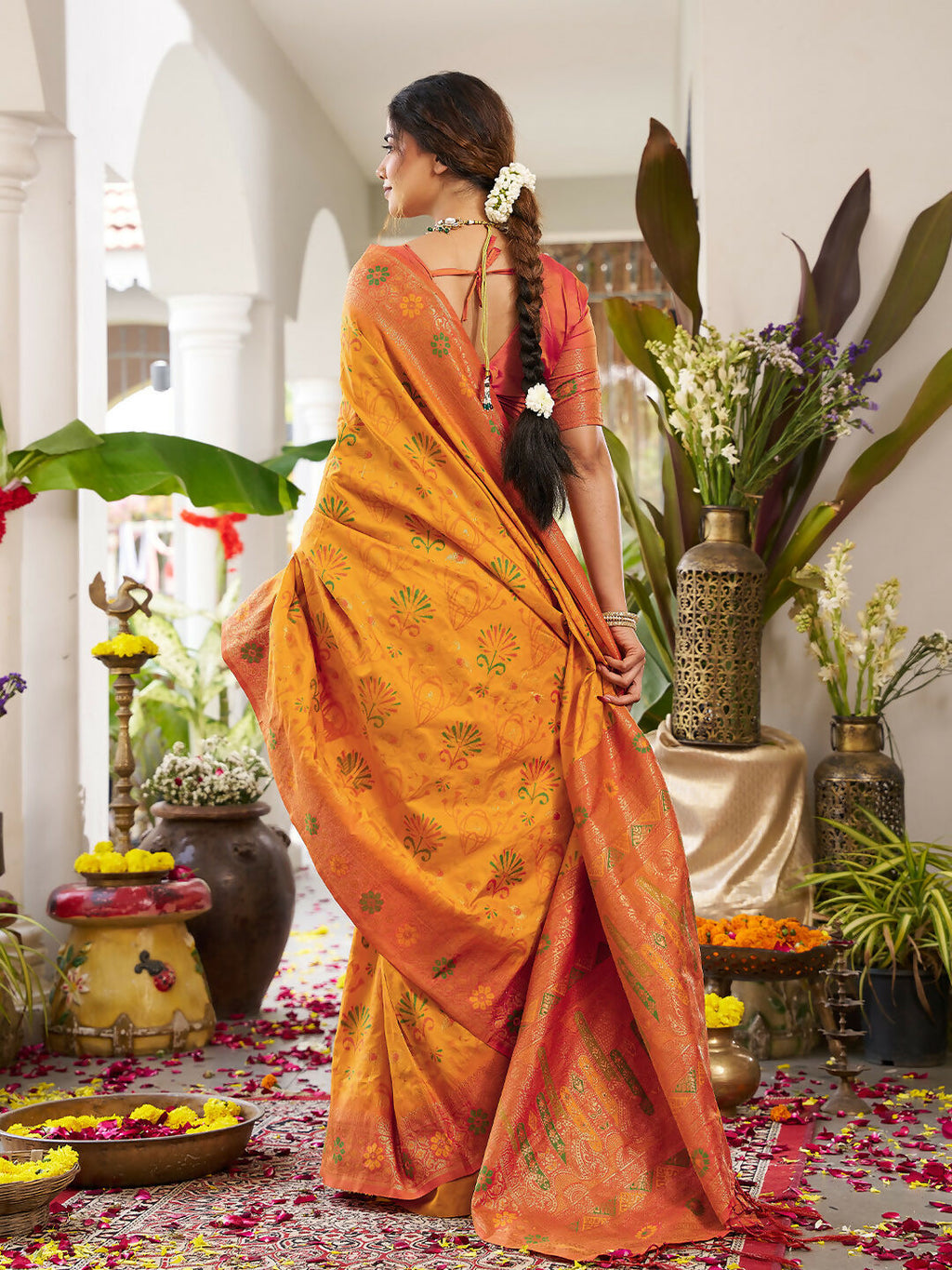 Yellow Soft Silk Saree with Contrast Orange Blouse Piece