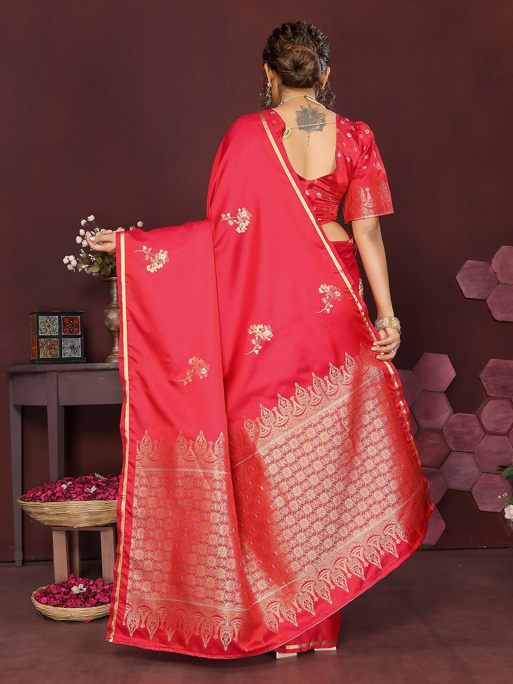Reddish Pink Floral Banarasi Satin Silk Saree for Women