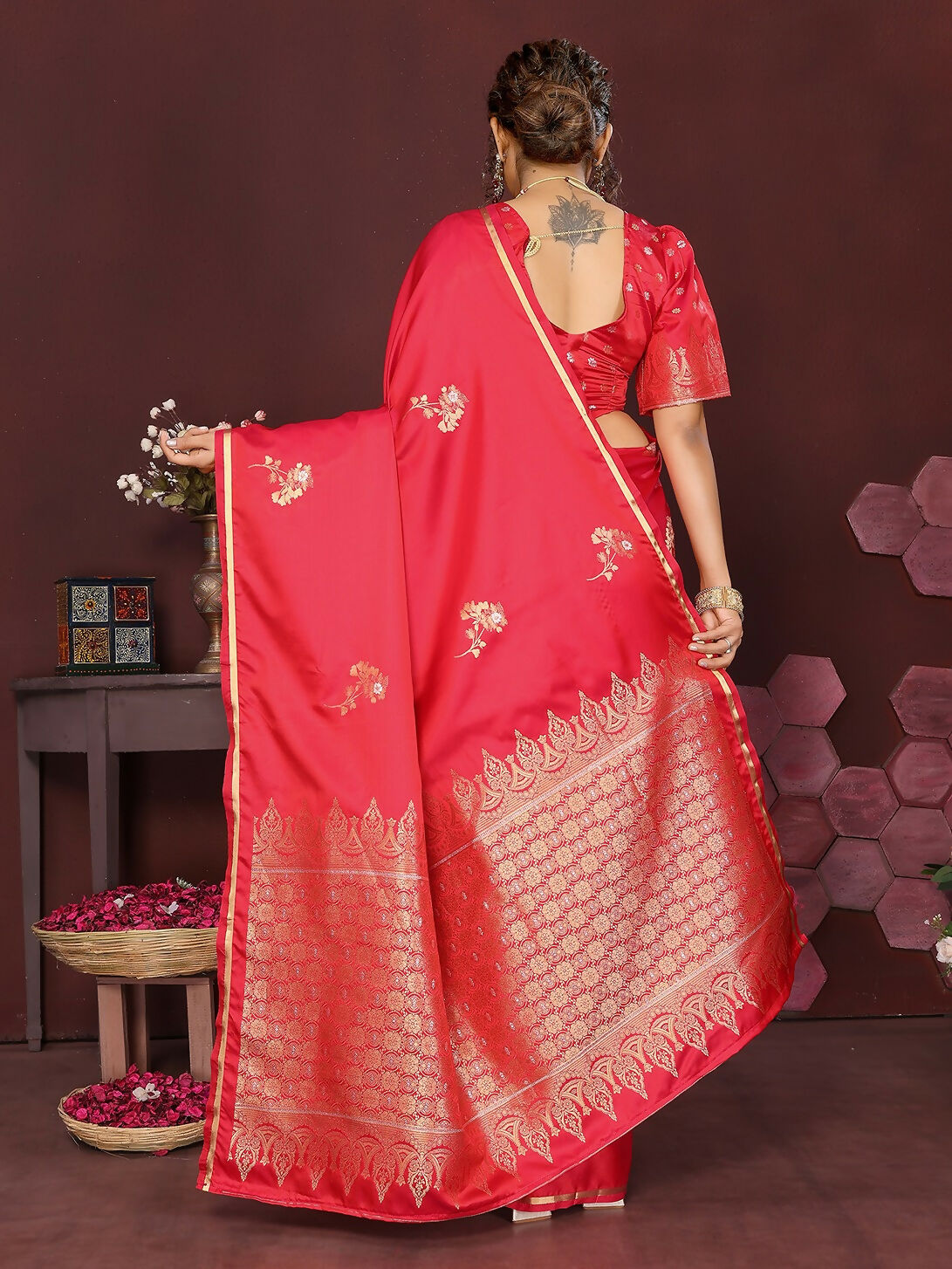 Reddish Pink Floral Banarasi Satin Silk Saree for Women