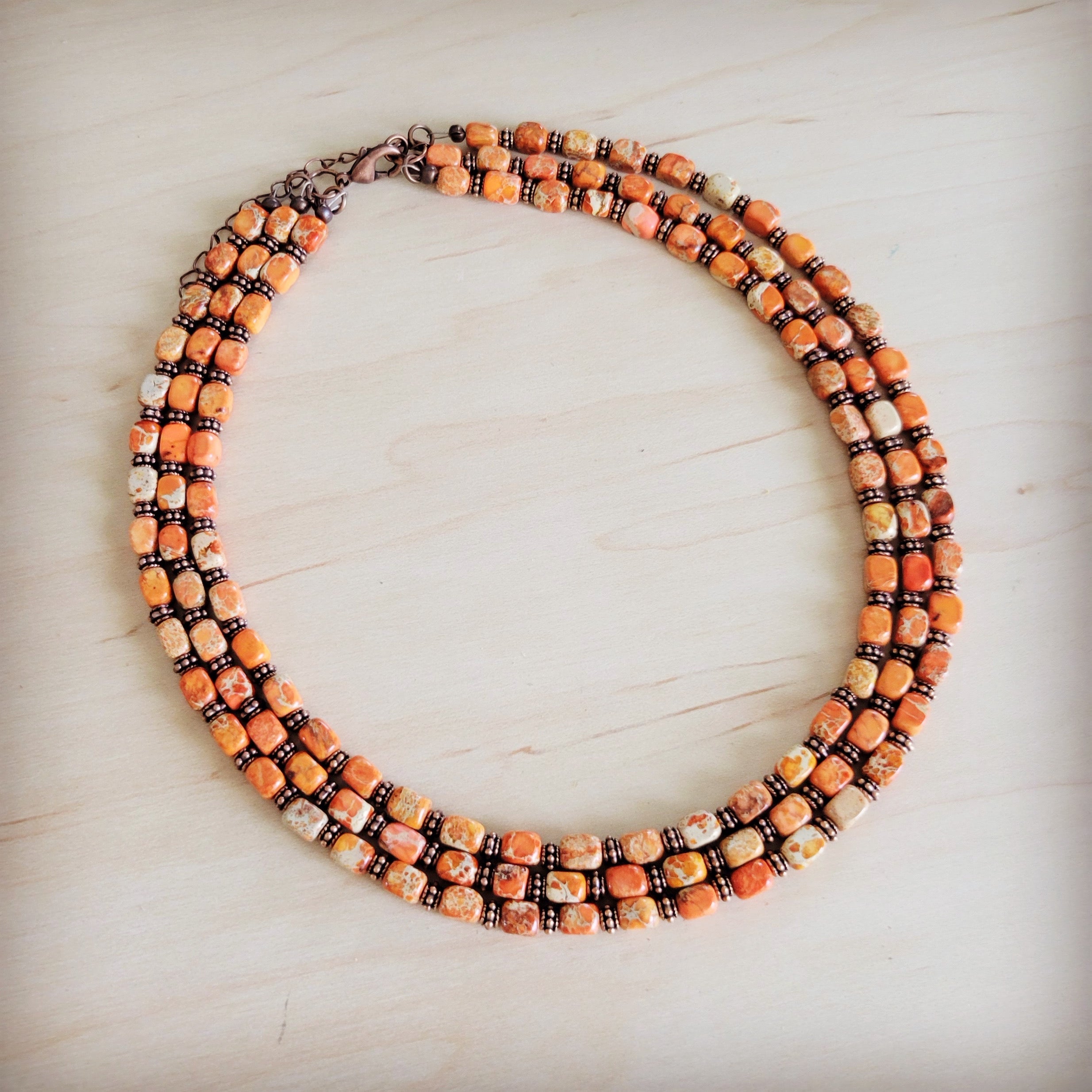 Triple Strand Layered Boho Orange Regalite Necklace 264n