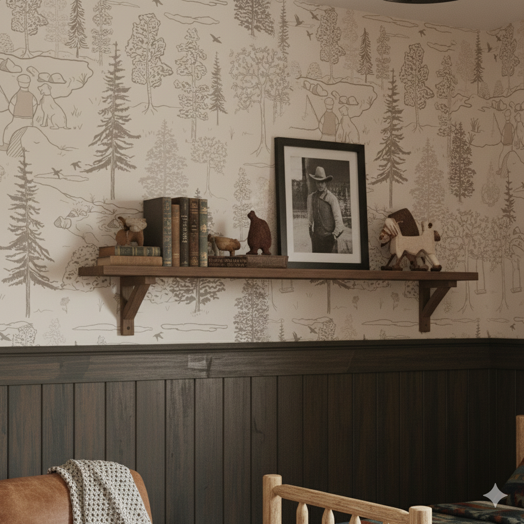 Milton wallpaper featuring a rustic, outdoor-inspired pattern in shades of forest green, brown, and beige.