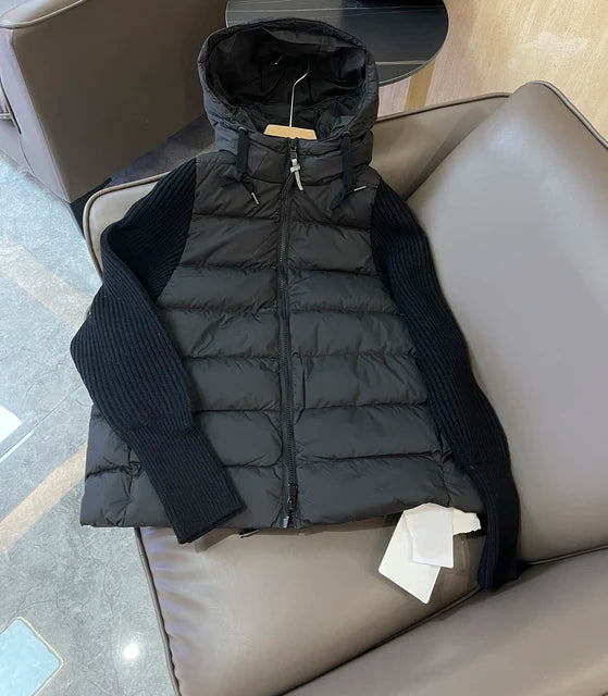 Women's Spliced Knitted Sleeve Puffer Hooded Jacket Black White - Image 2