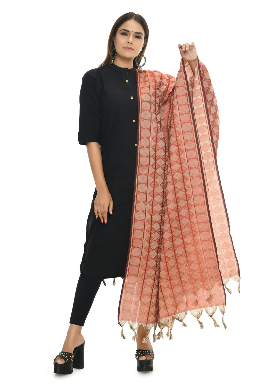 Red Handloom Cotton Dupatta - Traditional Ethnic Scarf