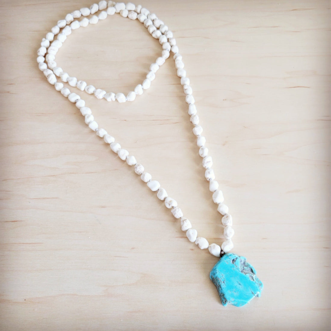 Long White Turquoise Beaded Necklace with Blue Slab Pendant - Image 5