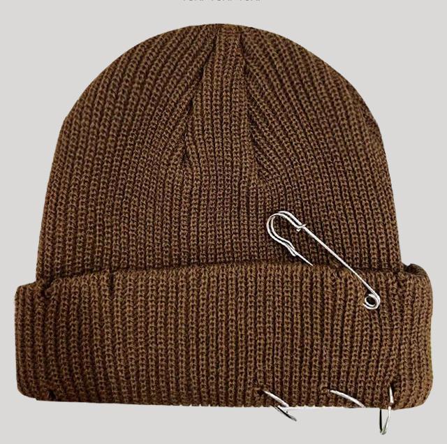 Women's Playful Japanese Knit Beanie Hat with Safety Pins - Image 2