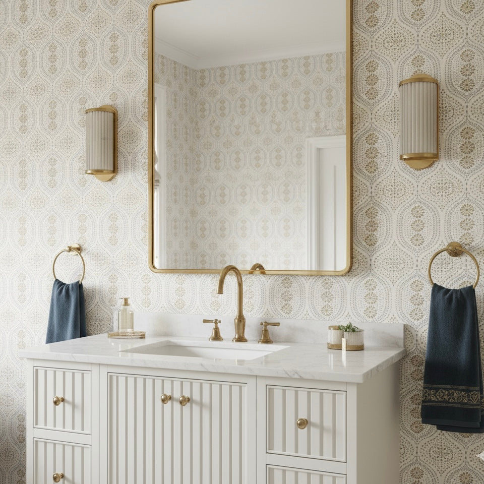Holloway geometric wallpaper in neutral off-white, beige, and taupe colors.
