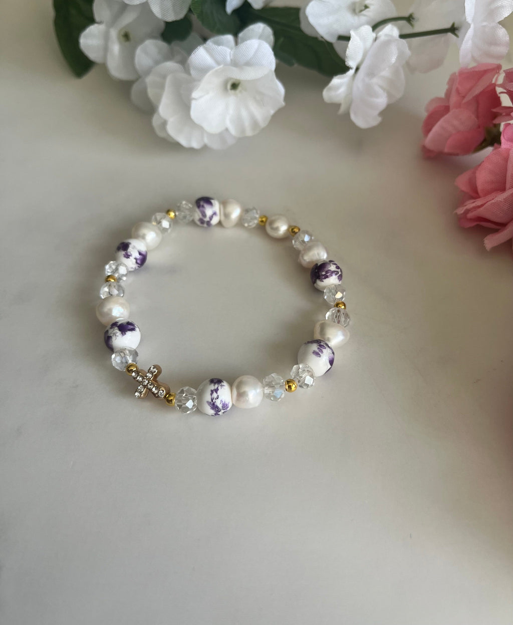 Freshwater Pearl Floral Cross Bead Bracelet Gold Accents