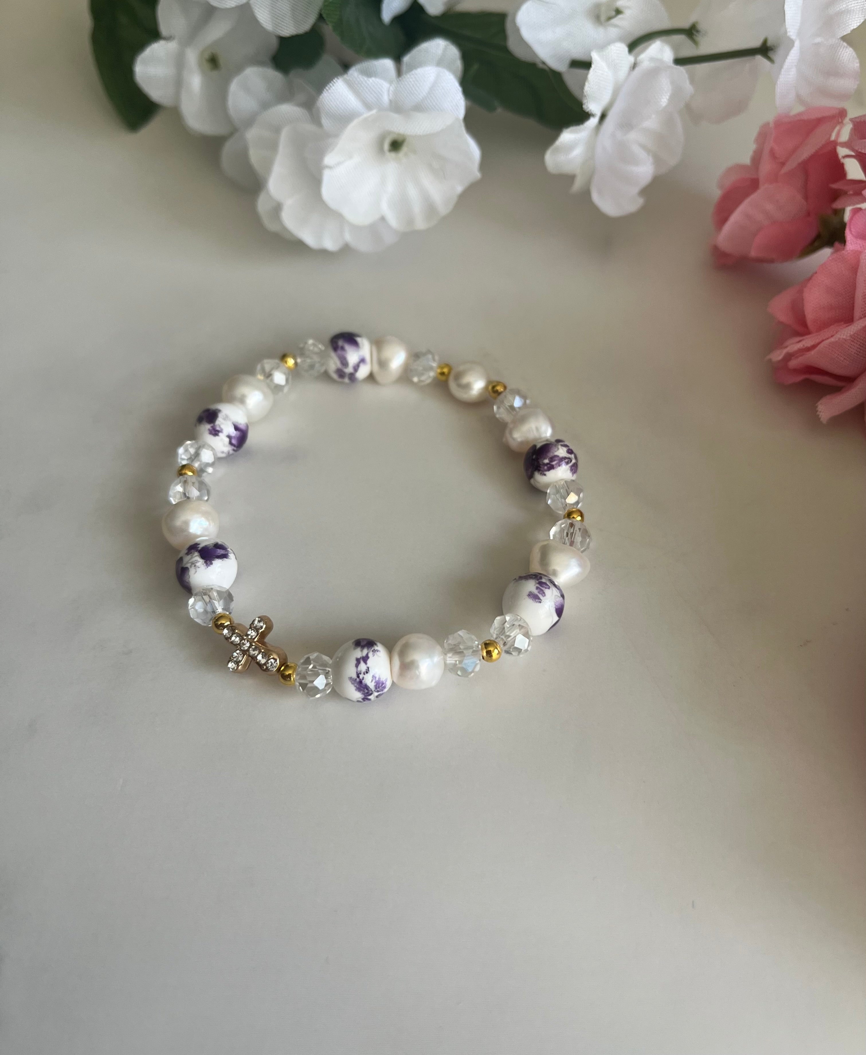 Freshwater Pearl Floral Cross Bead Bracelet Gold Accents