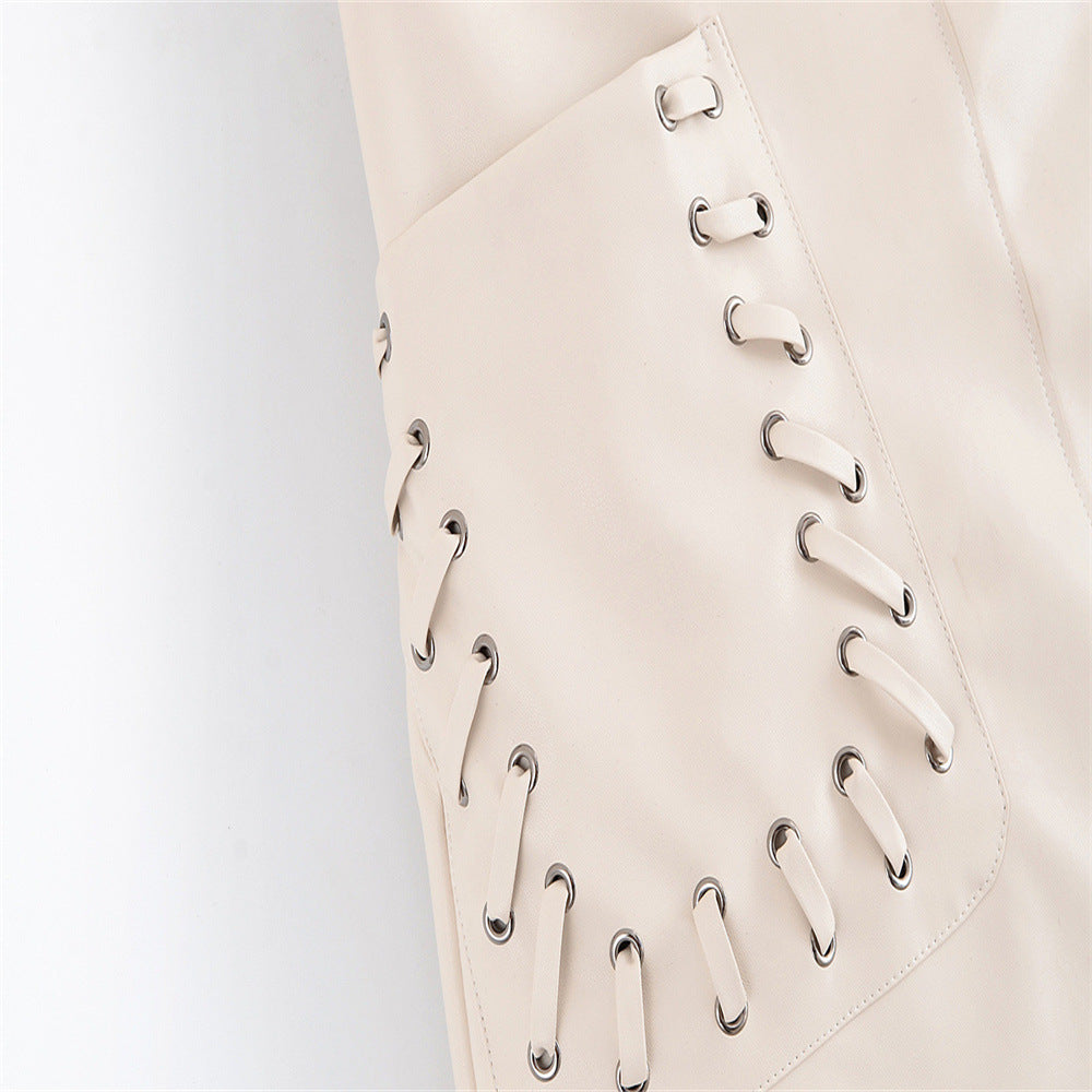 Off-White Mini Skirt with Decorative Lace-Up Pockets for Women - Image 3