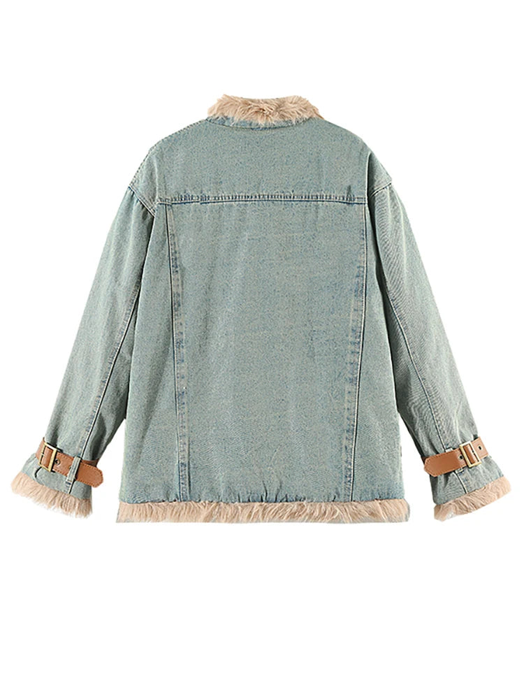 Women's Harajuku Plush-Lined Denim Coat with Buckle Details - Image 2