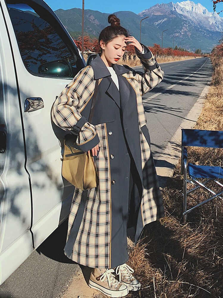 Women's Retro Plaid Patchwork Over-The-Knee Windbreaker Coat - Image 2