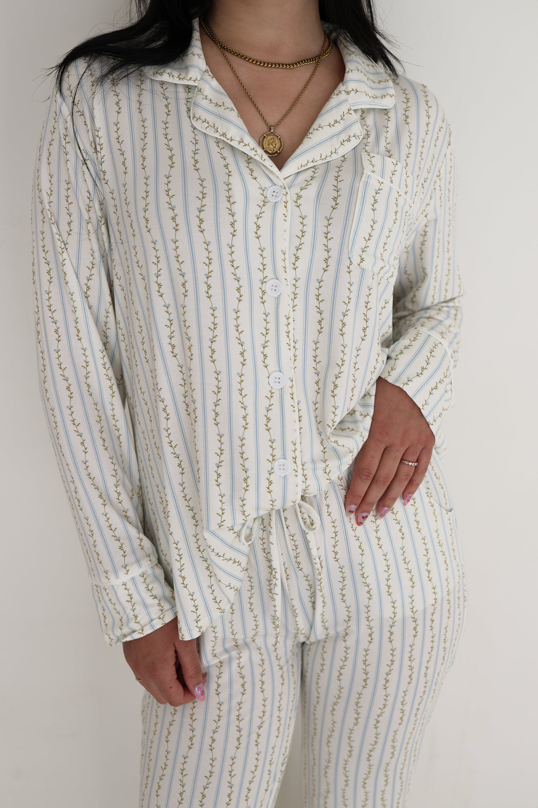 Women's Bamboo Button Up Lounge Set in Dainty Vines Print