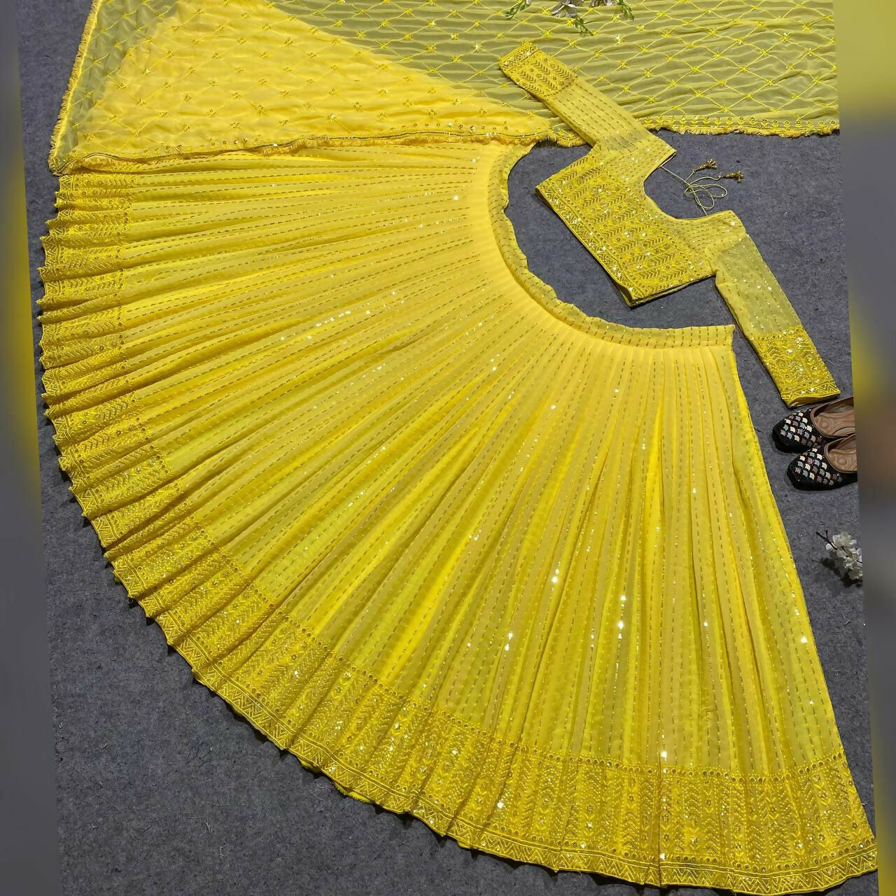 Yellow Faux Georgette 3MM Sequins Embroidered Lehenga Choli Set