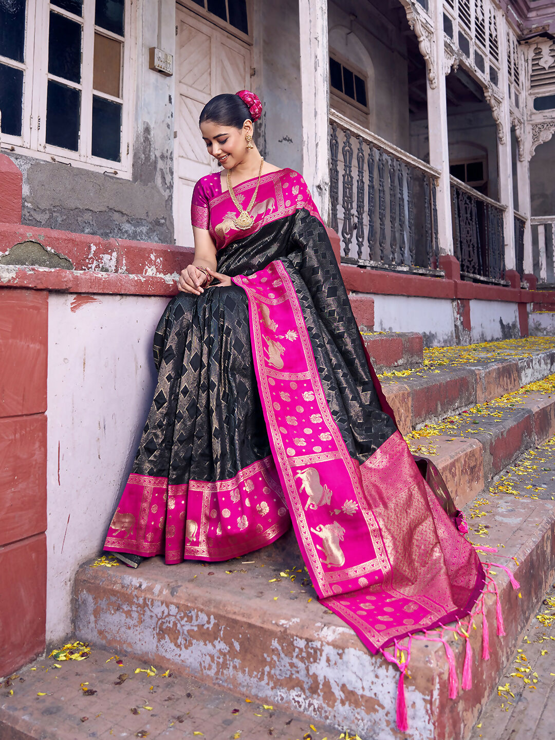 Black Soft Silk Saree with Pink Blouse for Elegant Evenings