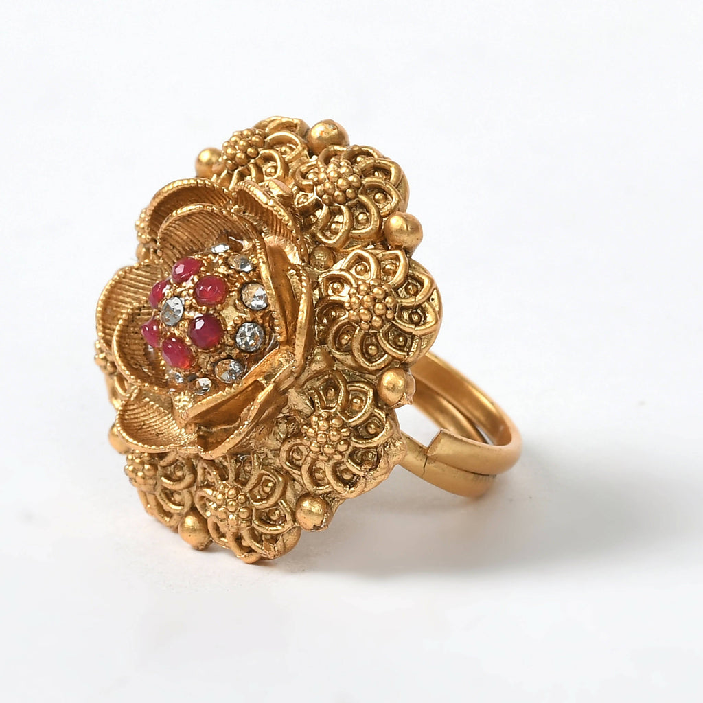 Gold-Polished Stone Studded Adjustable Ring Traditional Design