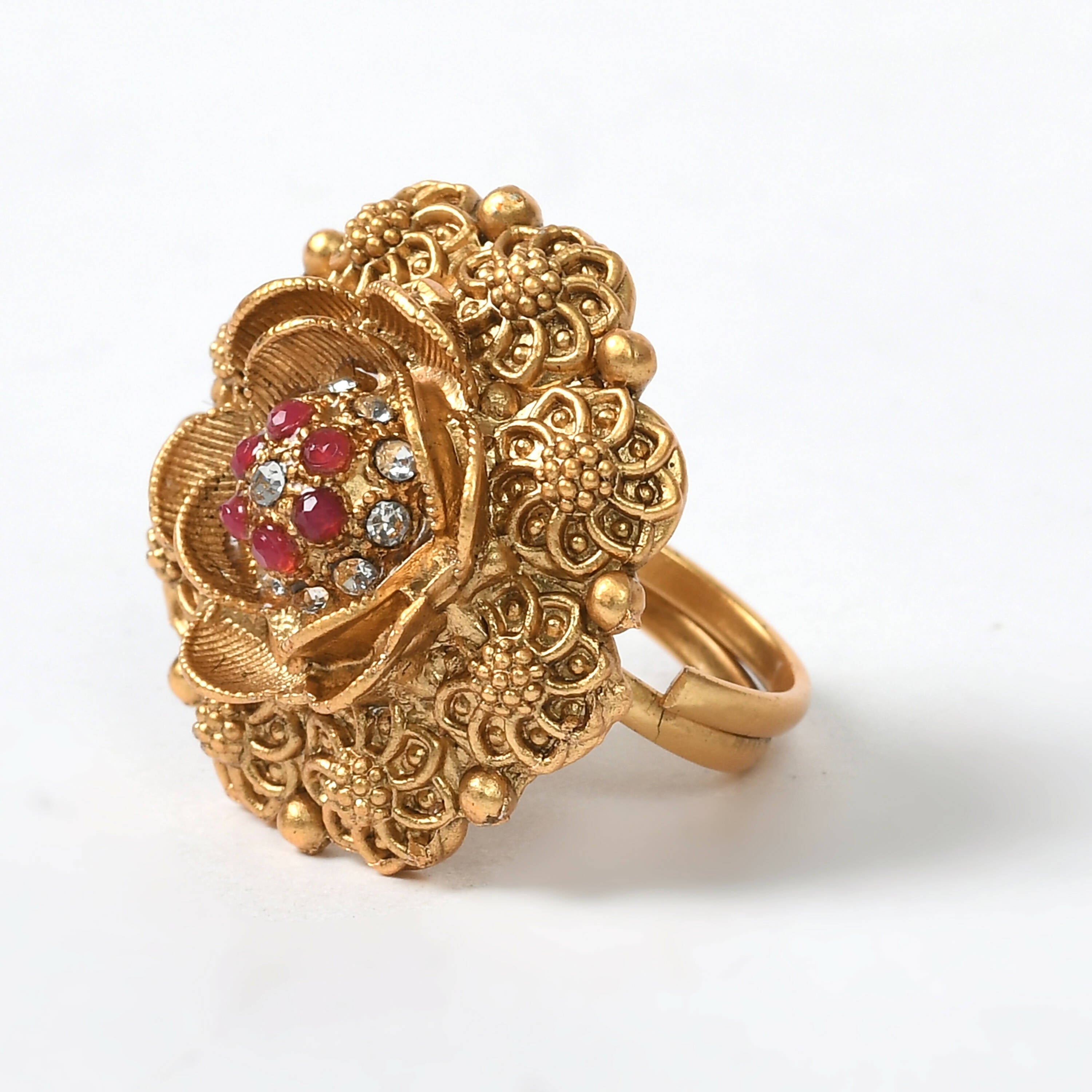 Gold-Polished Stone Studded Adjustable Ring Traditional Design