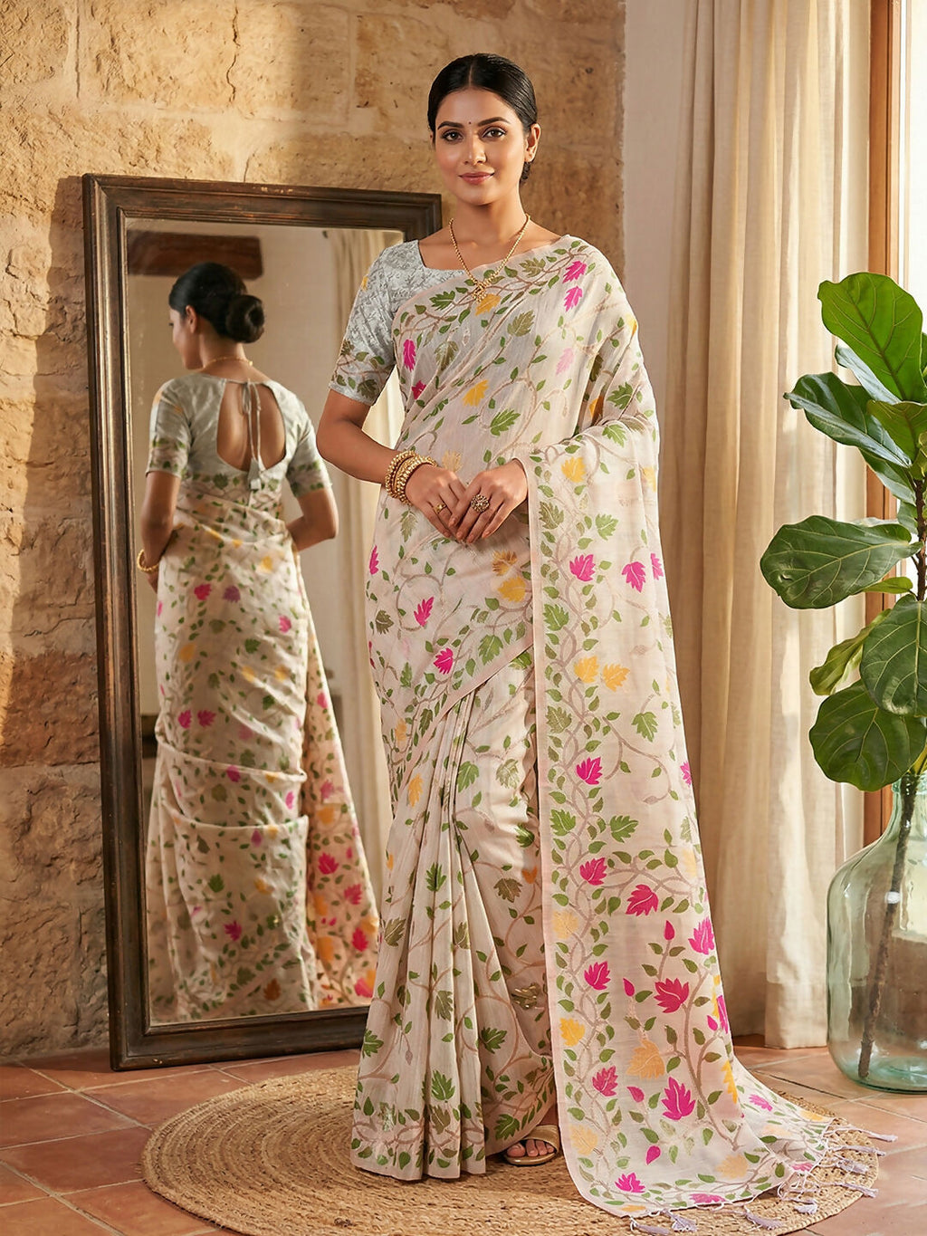 White linen cotton saree with matching blouse fabric, elegant ethnic attire