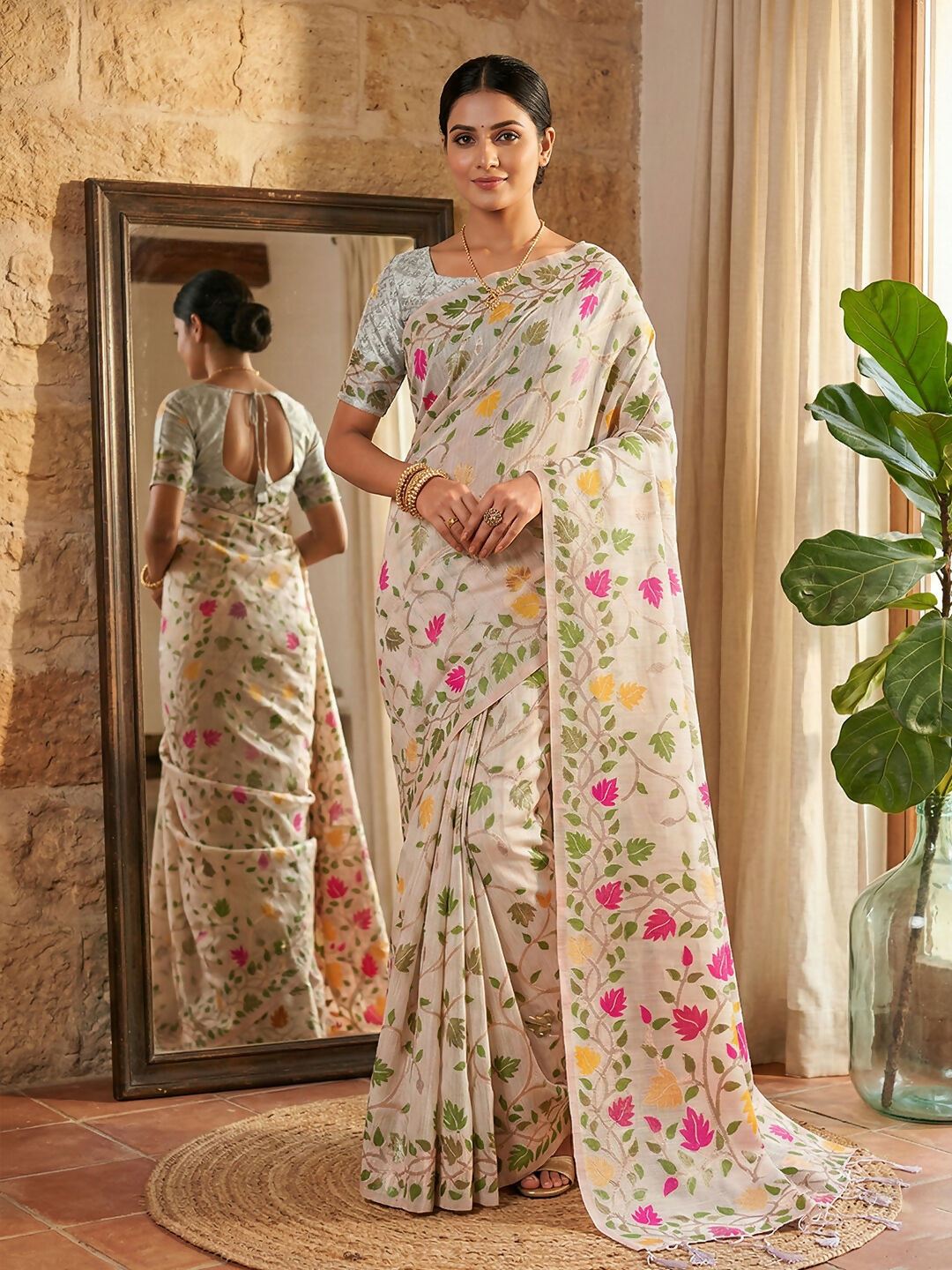 White linen cotton saree with matching blouse fabric, elegant ethnic attire