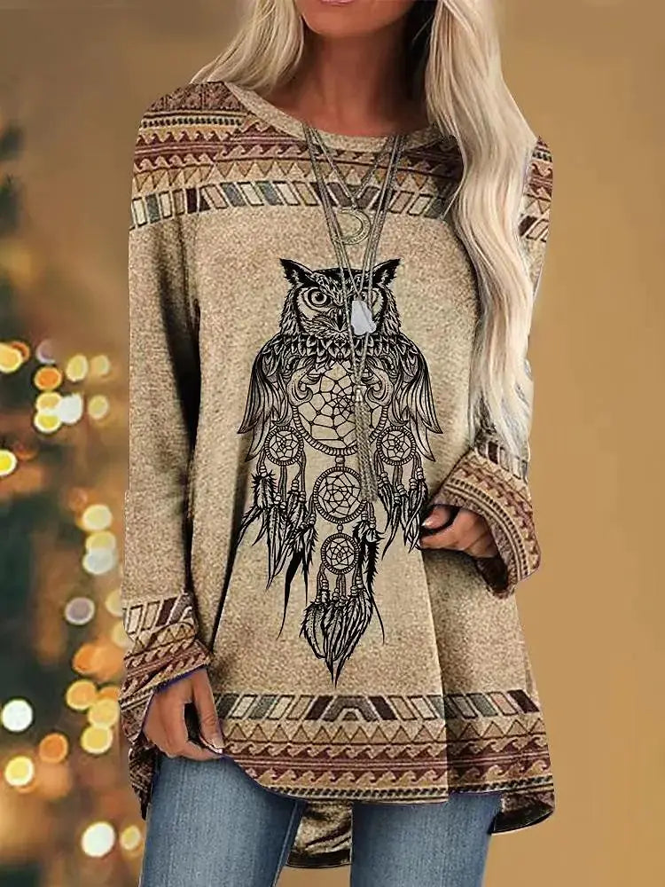 Women's Long Sleeve Graphic Animal Print T-Shirt Tan Relaxed Fit - Image 25