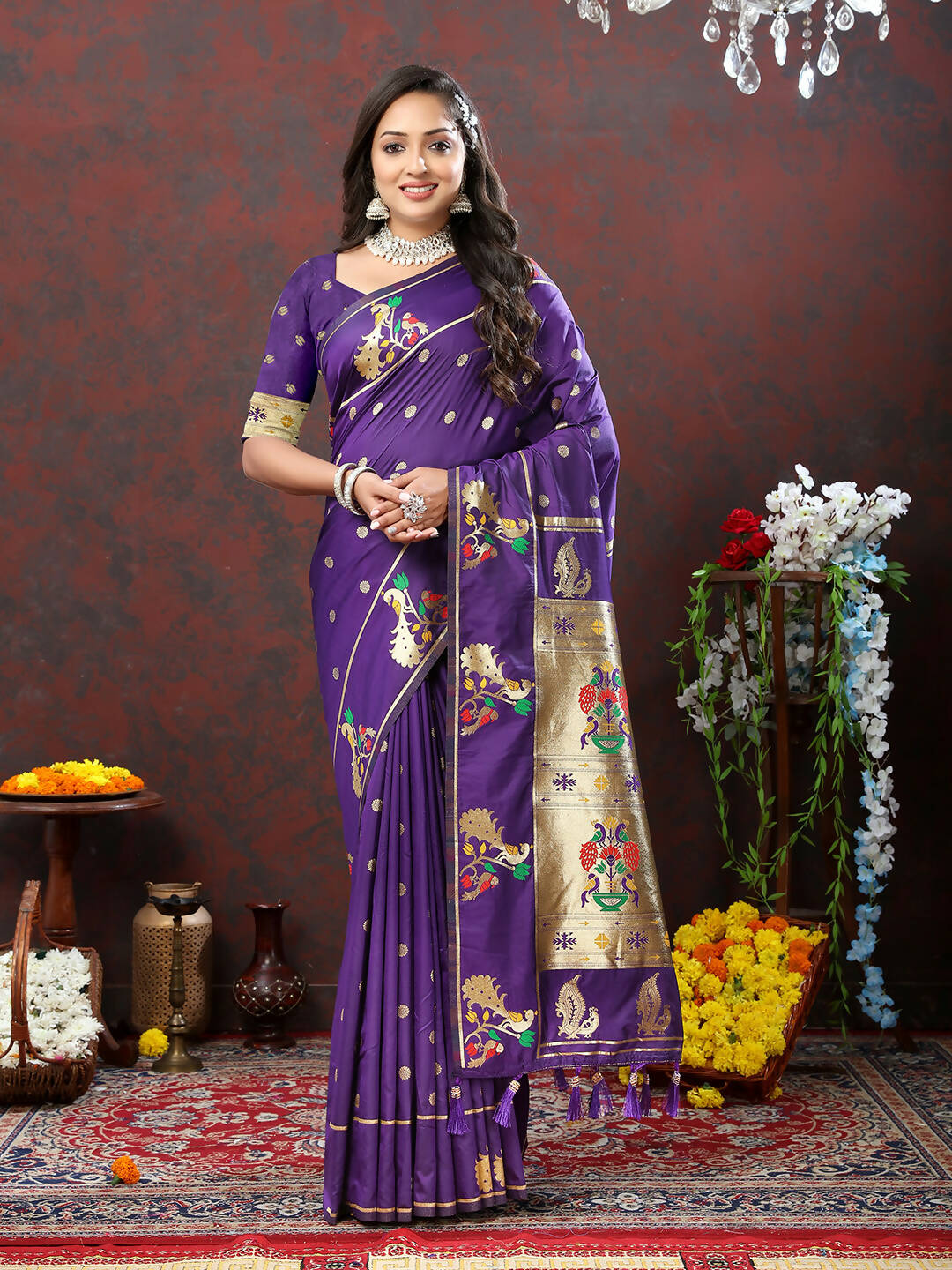 Purple Soft Paithani Silk Saree with Gold Zari Meenakari