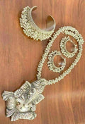 Ganesha pendant long necklace set in oxidised silver-plated brass finish