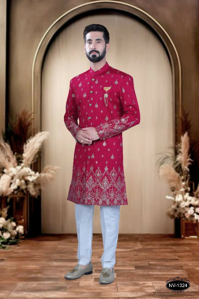 Boys Rani-Pink Silk Kurta with matching Pyjama featuring foil print panel design