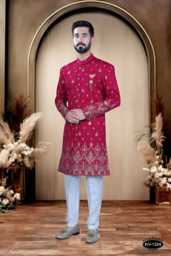 Boys Rani-Pink Silk Kurta with matching Pyjama featuring foil print panel design
