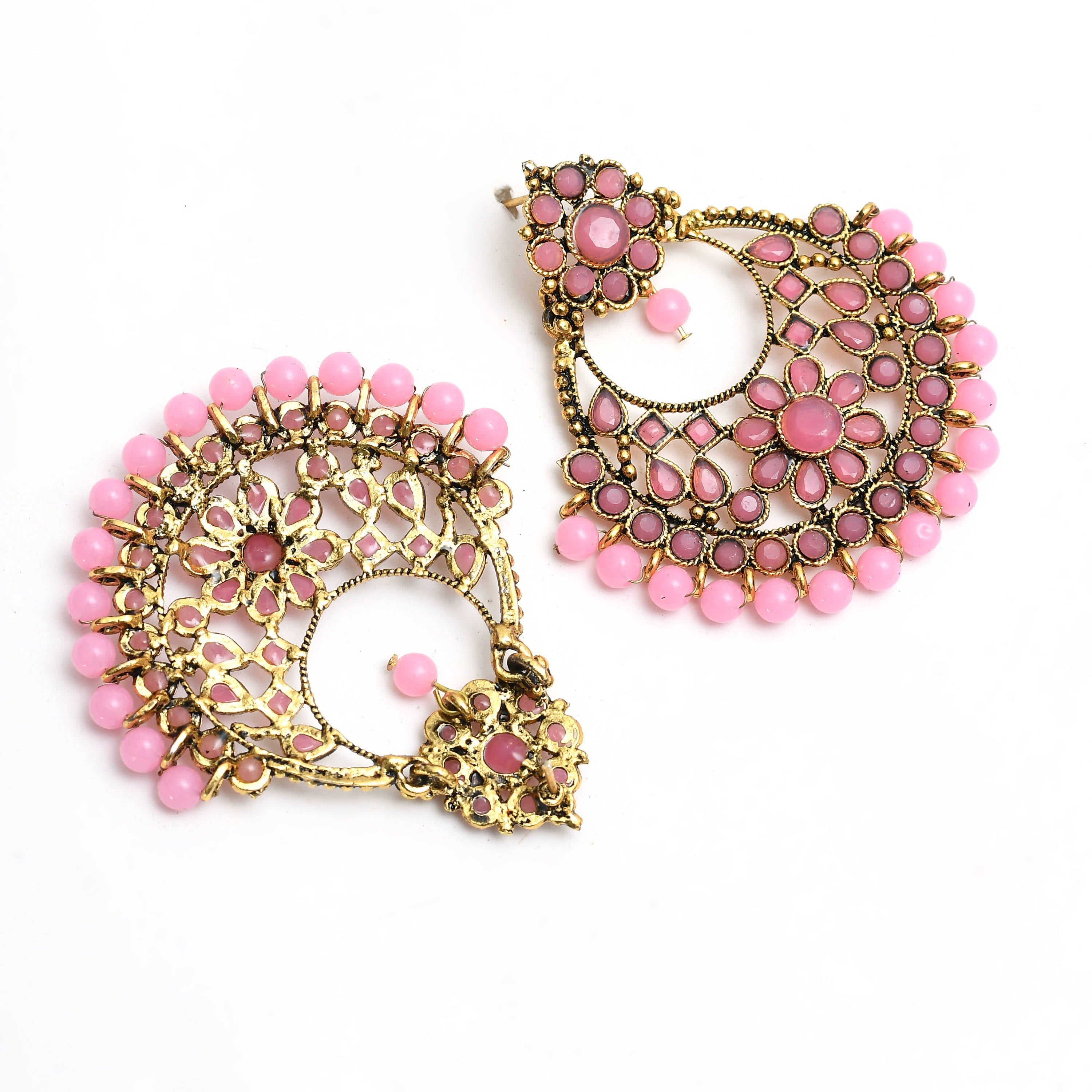 Golden and Pink Beaded Dangle Earrings for Festive Wear