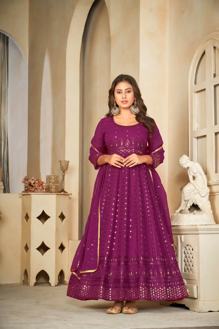 Wine Georgette Embroidered Anarkali Kurta Pant Set with Dupatta
